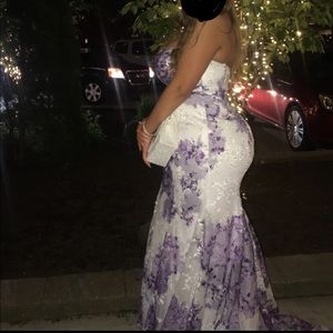 White/Purple Floral Strapless Mermaid Prom adress